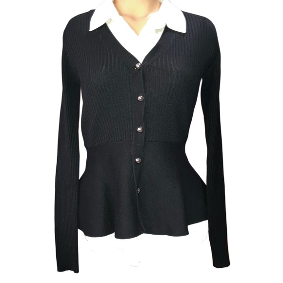 Commense V-neck Peplum Ruffle Long Sleeve Silver Button Cardigan Sweater Medium - Picture 7 of 9